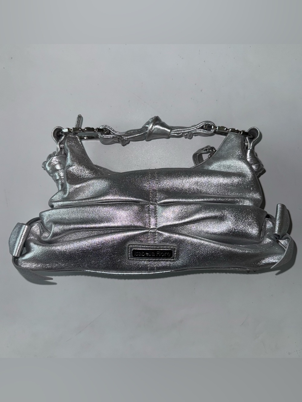 Vintage Y2K Isabella Fiore Metallic Silver Rhinestone Ruched Bow Shoulder Bag